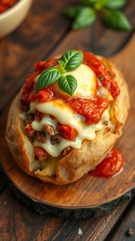 A baked potato stuffed with meat sauce and cheese, garnished with basil, on a rustic table.
